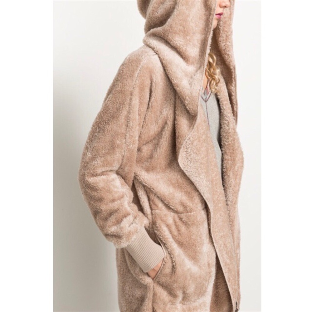 Last 1! 🌟Taupe Faux Fur Hooded Cardigan - Picture 2 of 6